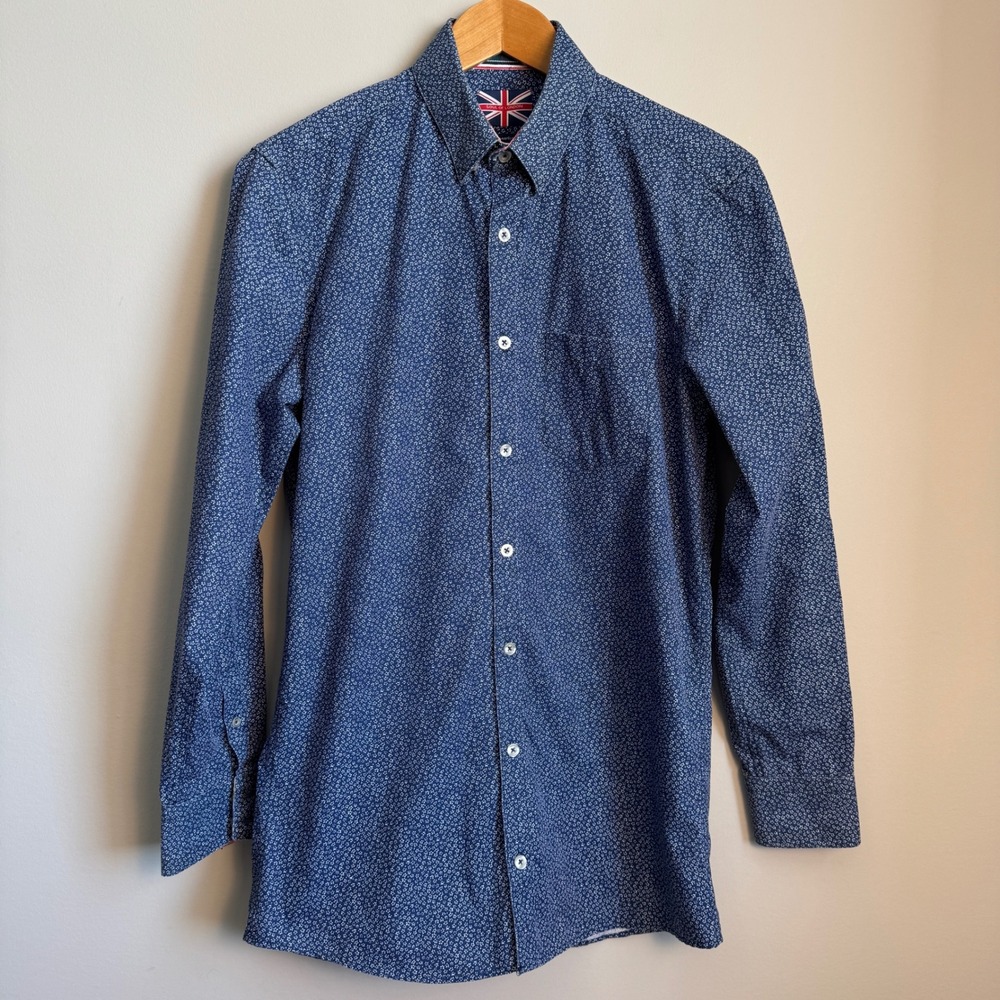 Soul of London Semi Fitted Floral Button Down Shirt Purplish-Blue Mens 15 Preppy